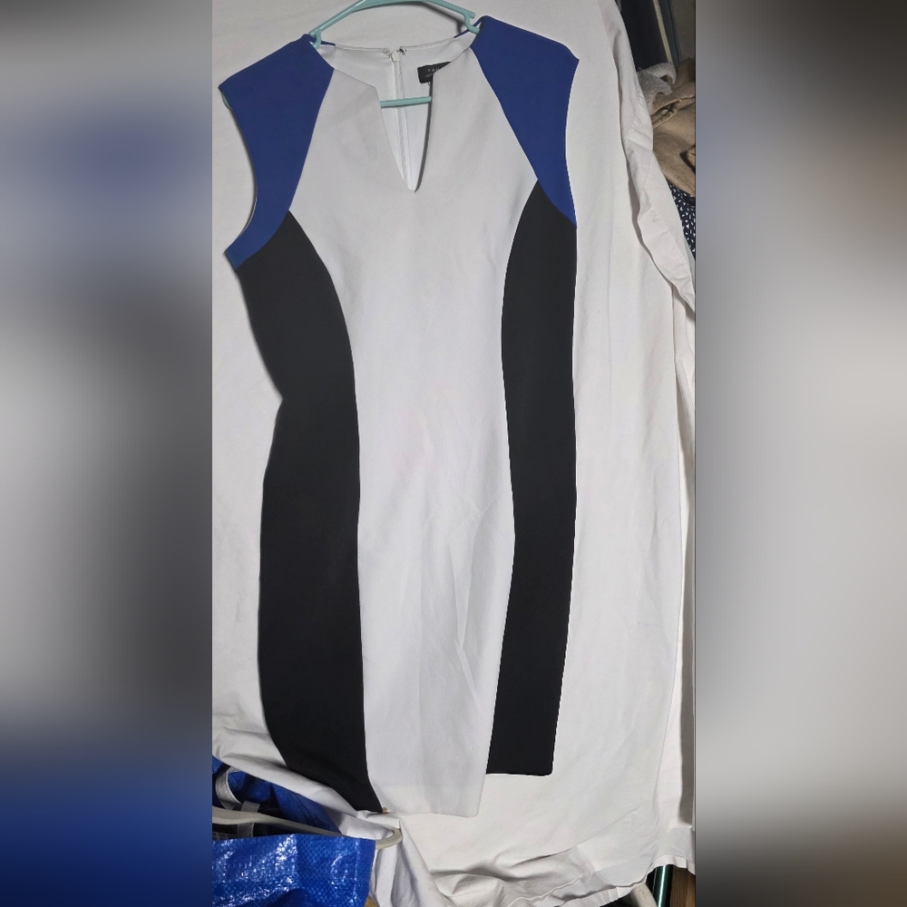 Tahari Asymmetrical Dress in Blue, Black, and White